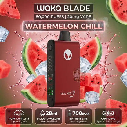 Wokq Blade Watermelon Chill disposable vape device in a deep red color, surrounded by watermelon slices and ice cubes on a pinkish watermelon-themed background. The image includes text overlays detailing the product's features such as 50,000 puffs, 20mg vape, 28ml e-liquid volume, 700mAh battery life, and dual mesh technology.