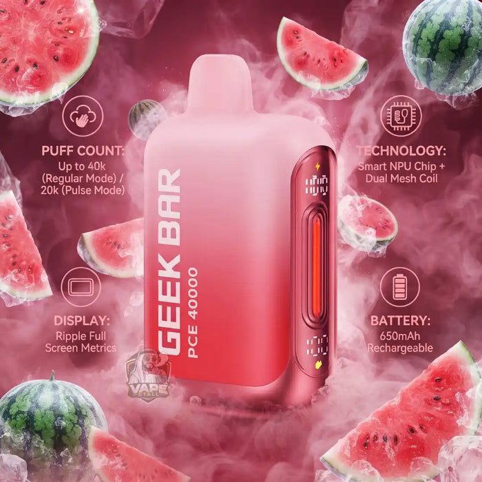 A pink Geek Bar vape device with a translucent watermelon-themed design, surrounded by floating watermelon slices and ice cubes on a smoky pink background. The image includes text overlays detailing the device's features: 'Puff Count: Up to 40k', 'Technology: Smart NPU Chip + Dual Mesh Coil', 'Display: Ripple Full Screen Metrics', and 'Battery: 650mAh Rechargeable'.