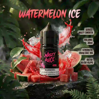 A bottle of Nasty Juice e-liquid labeled 'Watermelon Ice' is centered over a stylized watermelon-themed scene with sliced watermelon, ice cubes, green leaves, and red splash graphics. Text on the right lists series, volume, strength, and ratio details.