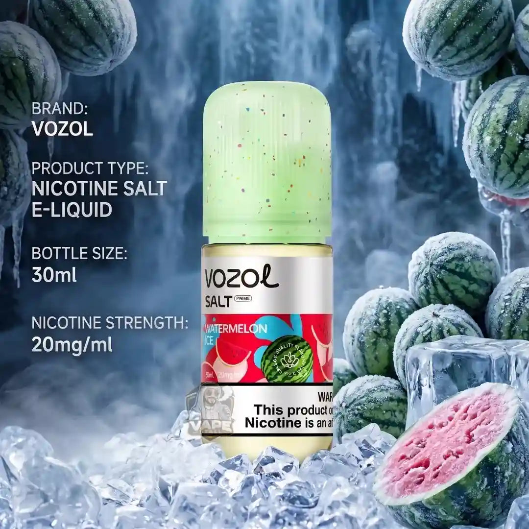 A 30ml bottle of Vozol Salt e-liquid in Watermelon Ice flavor, featuring a light green speckled cap and a colorful label, set against a background of ice and watermelons with text detailing product specifications.