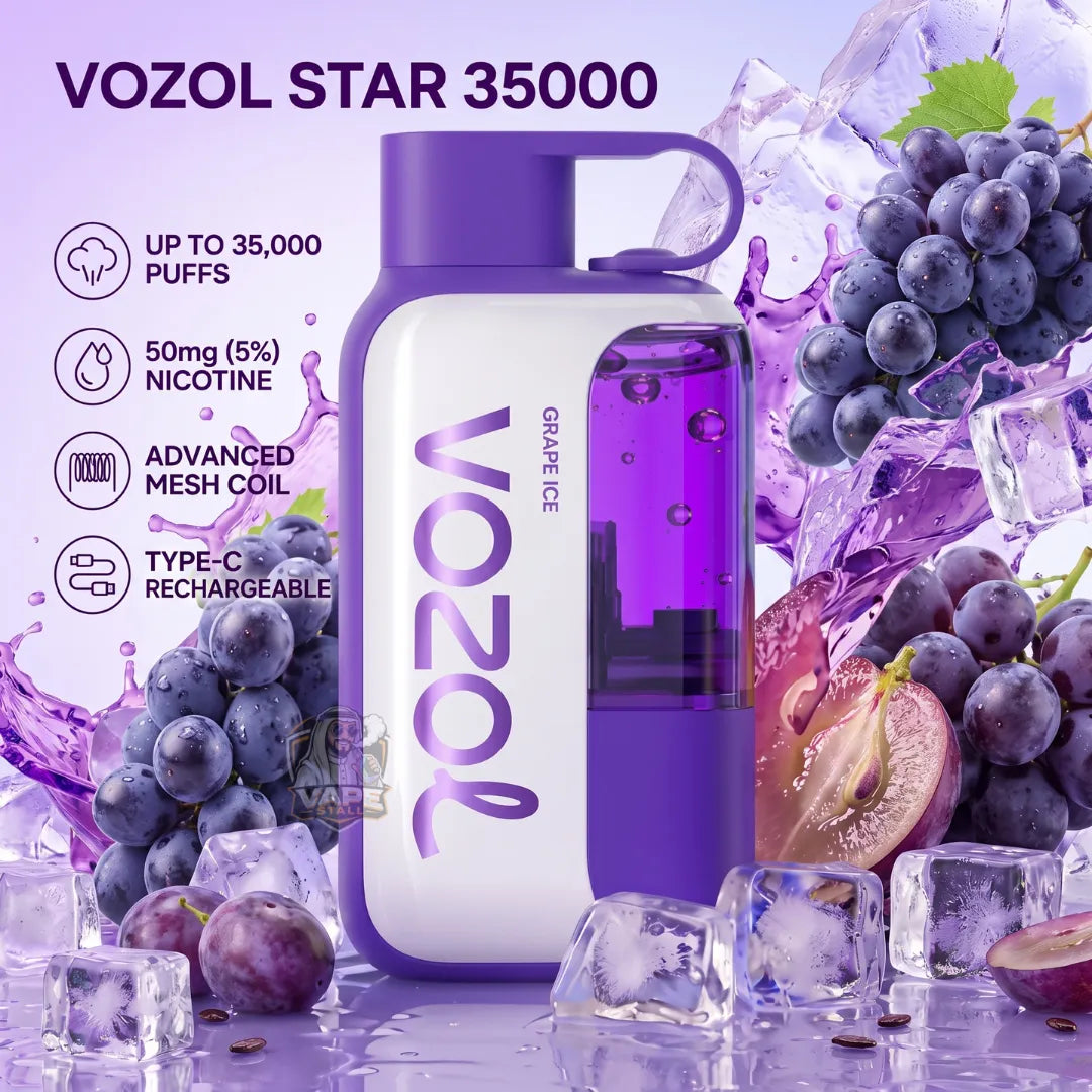 Vozol Star 35000 disposable vape device in Grape Ice flavor, featuring a white and purple body with a clear window showing purple liquid inside. The device is surrounded by ice cubes, grapes, and sliced fruit on a purple background with product feature icons on the left.