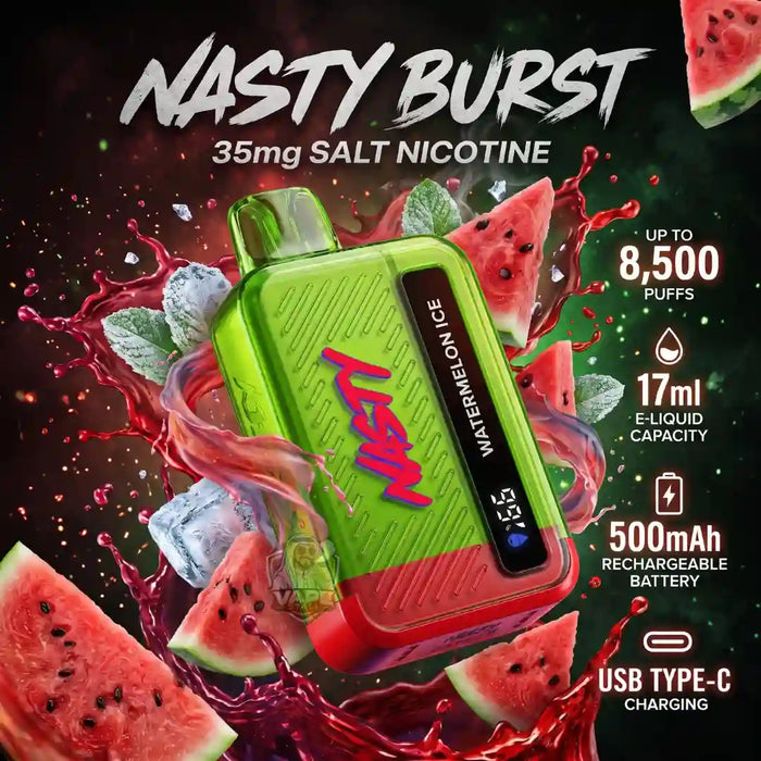 A green and red disposable vape device labeled 'NASTY BURST' and 'WATERMELON ICE' surrounded by watermelon slices, ice cubes, and red liquid splashes on a dark background, with text highlighting 35mg salt nicotine, up to 8,500 puffs, 17ml e-liquid capacity, 500mAh rechargeable battery, and USB Type-C charging.