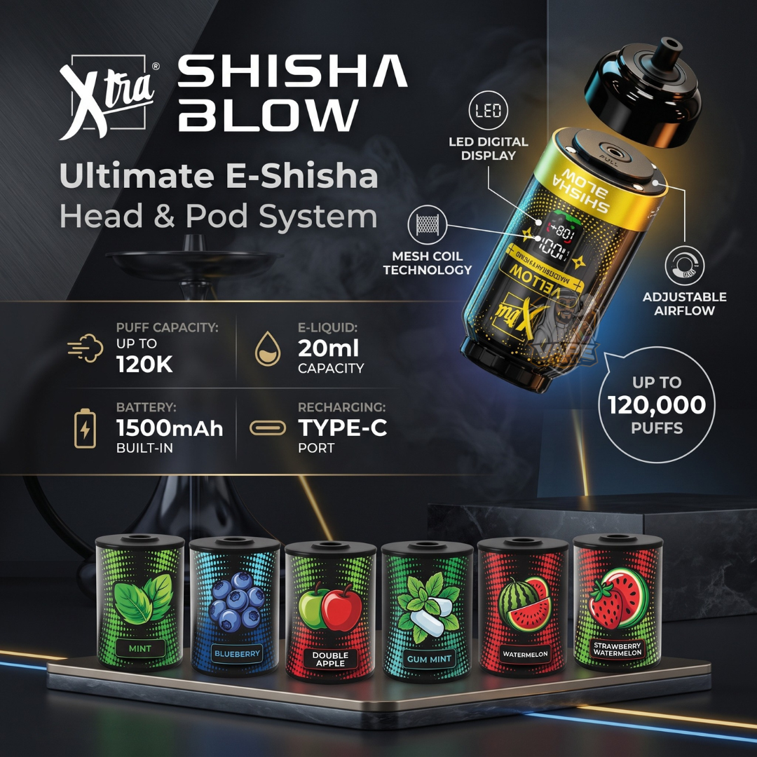 Xtra Shisha Blow Ultimate E-Shisha Head & Pod System promotional graphic showing a black and gold pod device floating on the right, feature callouts, a battery/capacity infographic on the left, and six flavor can graphics along the bottom.