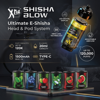 Xtra Shisha Blow Ultimate E-Shisha Head & Pod System promotional graphic showing a black and gold pod device floating on the right, feature callouts, a battery/capacity infographic on the left, and six flavor can graphics along the bottom.