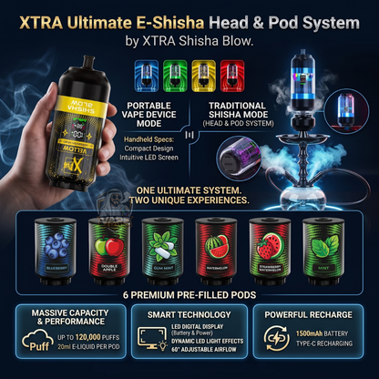 Promotional graphic for the XTRA Ultimate E-Shisha Head & Pod System by XTRA Shisha Blow, showing a hand holding a black branded vape device, traditional and portable shisha mode illustrations, a hanging shisha setup, and six colorful pre-filled pod flavors at the bottom.