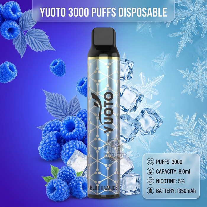 A Yuoto disposable vape device labeled 'Blue Razz Ice' with 3000 puffs, shown against a blue and purple background with raspberries, ice cubes, and snowflakes. Product info text is displayed on the right.
