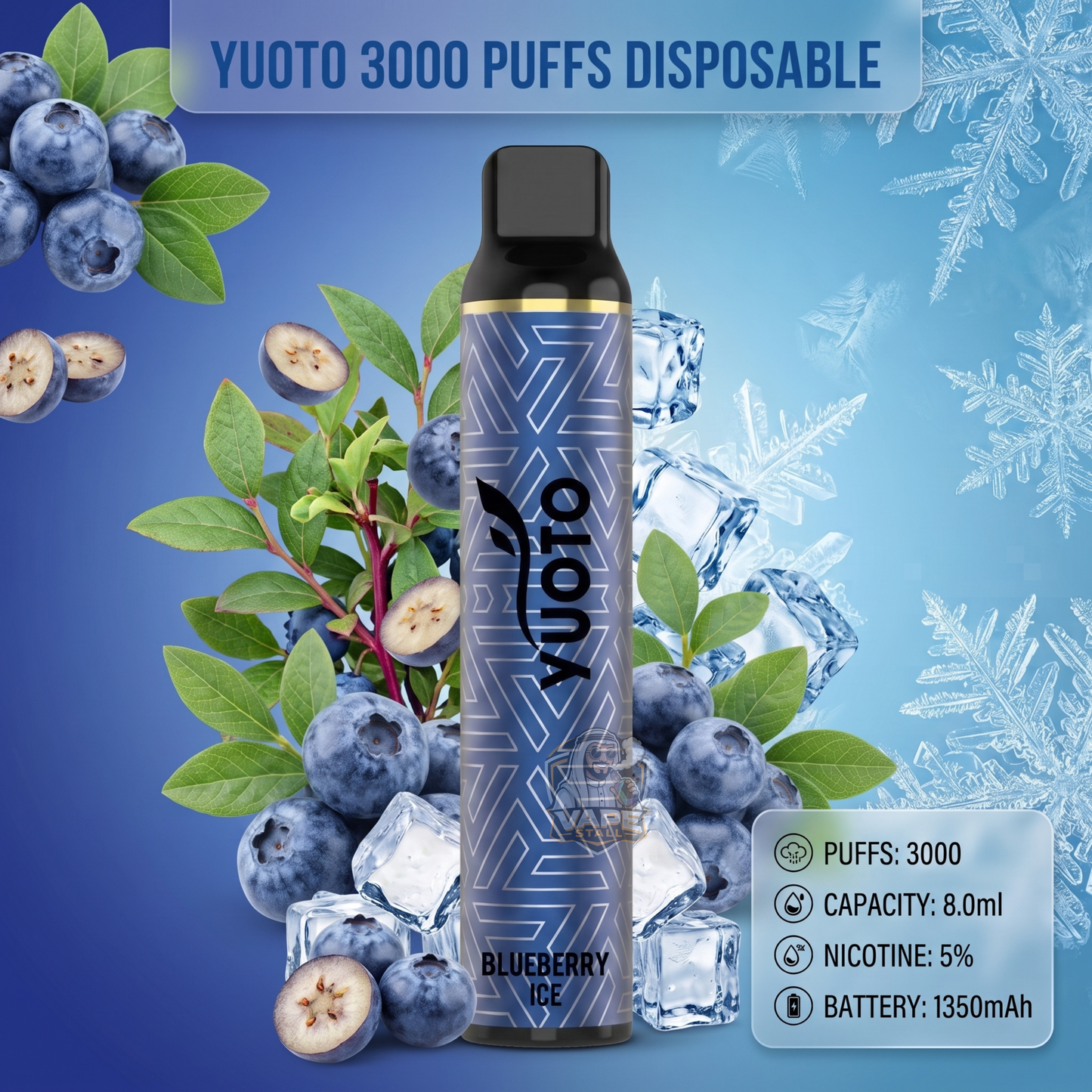 A Yuuto disposable vape device labeled 'Blueberry Ice' stands upright against a blue icy background with blueberries, mint leaves, ice cubes, and snowflake graphics. Text at the top reads 'YUOTO 3000 PUFFS DISPOSABLE,' and a lower-right box lists puffs, capacity, nicotine, and battery details.