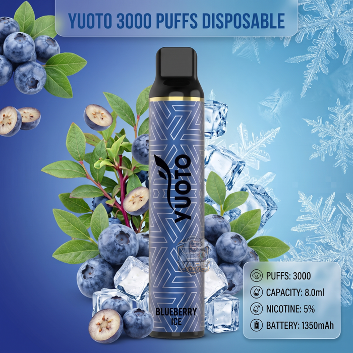 A Yuuto disposable vape device labeled 'Blueberry Ice' stands upright against a blue icy background with blueberries, mint leaves, ice cubes, and snowflake graphics. Text at the top reads 'YUOTO 3000 PUFFS DISPOSABLE,' and a lower-right box lists puffs, capacity, nicotine, and battery details.
