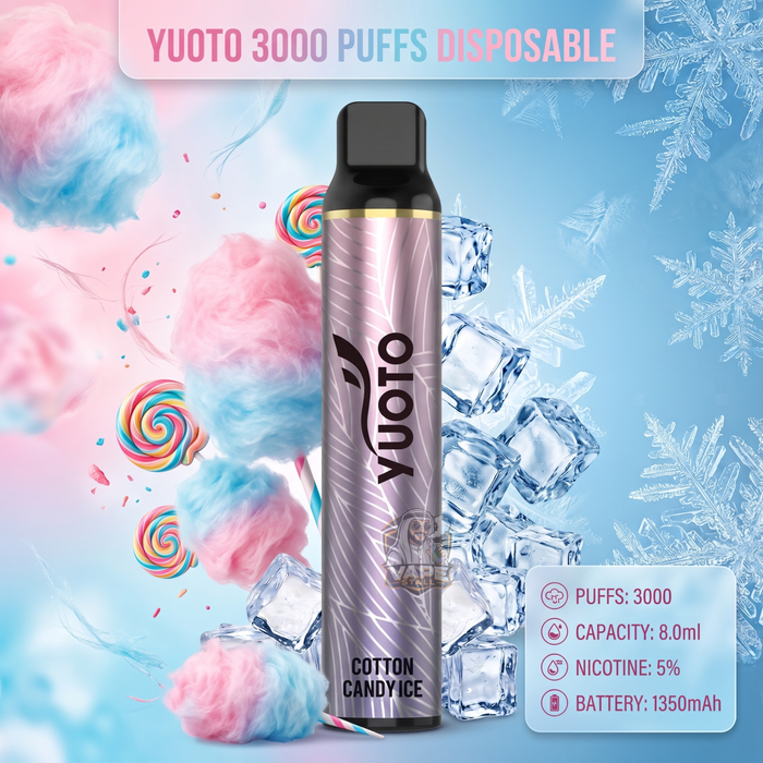 A single Yuoto disposable vape device labeled 'Cotton Candy Ice' is centered against a light blue icy background with cotton candy, ice cubes, and snowflakes. Text at the top reads 'YUOTO 3000 PUFFS DISPOSABLE,' and a lower-right box lists puffs, capacity, nicotine, and battery details.