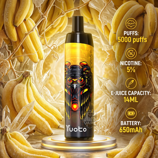A Yuoto disposable vape device with a black and yellow owl graphic, displayed on a glowing circular pedestal against a background of bananas and crystals, with feature icons on the right.