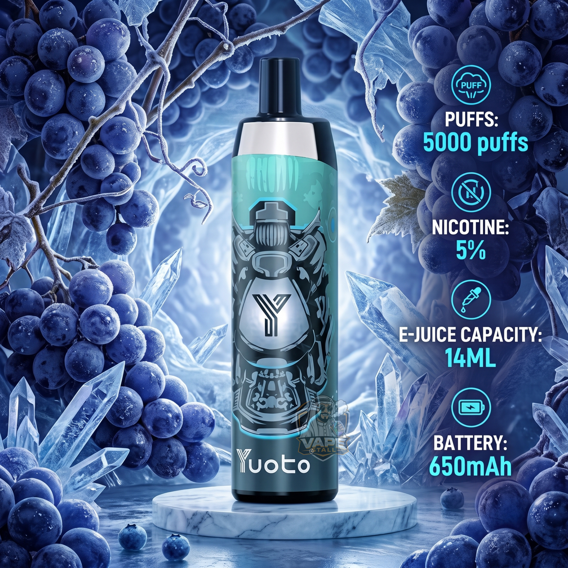 A Yuoto disposable vape device with a metallic teal and silver body, displayed on a marble pedestal against a background of ice, blueberries, and grapes. Informational text on the right lists product specifications: 5000 puffs, 5% nicotine, 14ml e-juice capacity, and 650mAh battery.