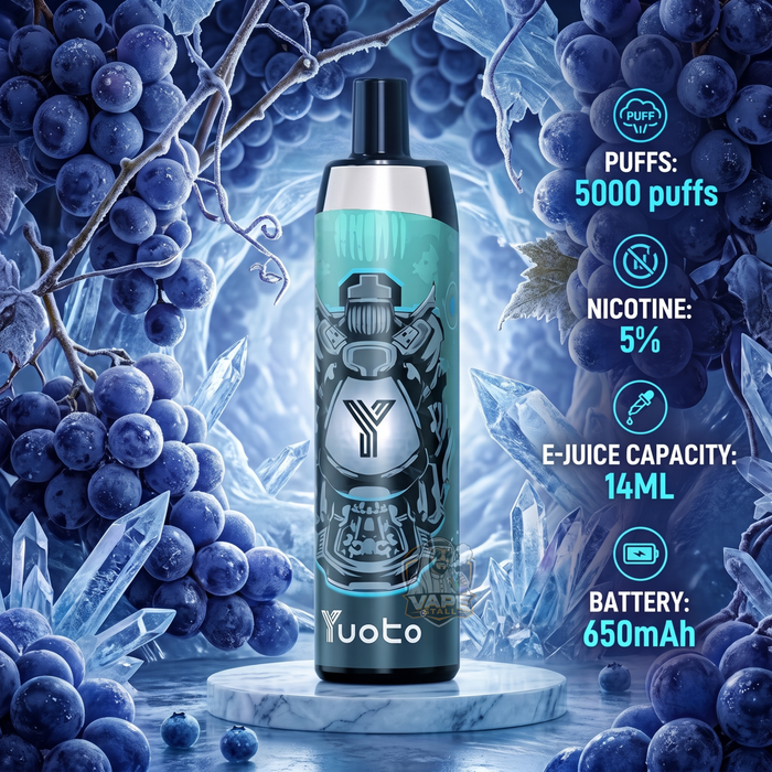 A Yuoto disposable vape device with a metallic teal and silver body, displayed on a marble pedestal against a background of ice, blueberries, and grapes. Informational text on the right lists product specifications: 5000 puffs, 5% nicotine, 14ml e-juice capacity, and 650mAh battery.