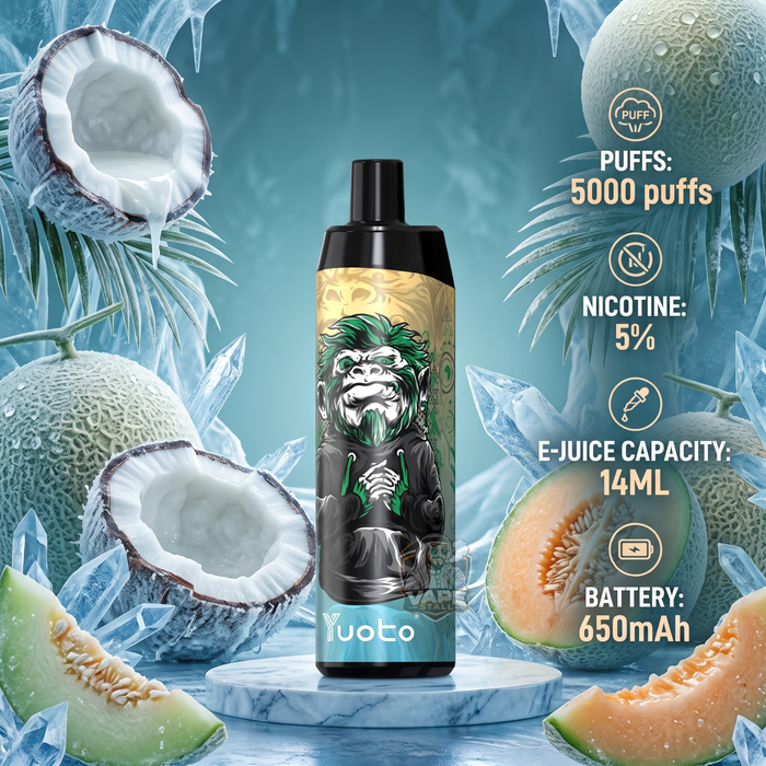 A vape device labeled 'Luoto' stands on a marble pedestal against a frosty icy background with sliced melons and ice crystals. Text on the right lists specs: 5000 puffs, 5% nicotine, 14ML e-juice capacity, and 650mAh battery.