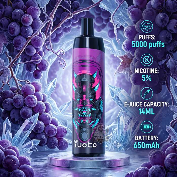 A Yuoto disposable vape device with a black and pink skull graphic, displayed on a pedestal against a background of purple grapes and ice crystals, with feature text overlays on the right.