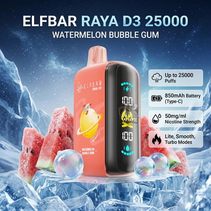 ELFBAR RAYA D3 25000 Watermelon Bubble Gum vape device with watermelon bubble gum flavor on a icy background
