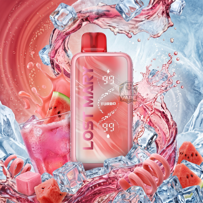 lostmarymt35000turboWatermelonBubblegum, Lost Mary vape device with watermelon and ice elements on a vibrant background