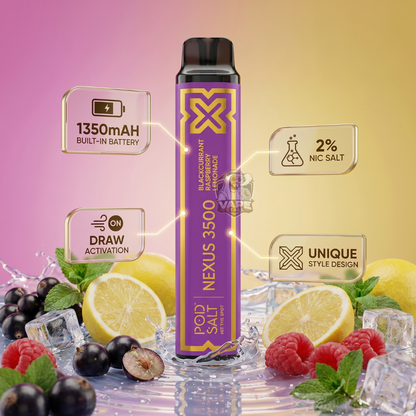 podsaltnexus3500puffsBlackcurrantRaspberryLemonade, Vape device with fruit and ice background