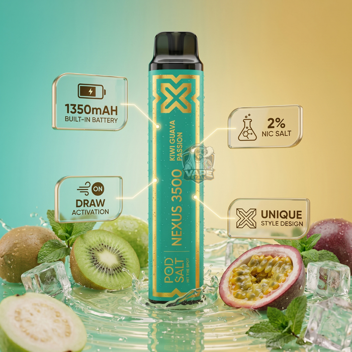 podsaltnexus3500puffsKiwiGuavaPassion, Vape device with kiwi and passion fruit on a gradient background