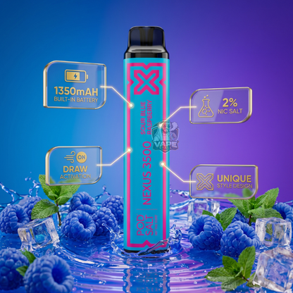podsaltnexus3500puffsSourBluRaspberry, Vape device with blueberries and ice on a blue and purple gradient background