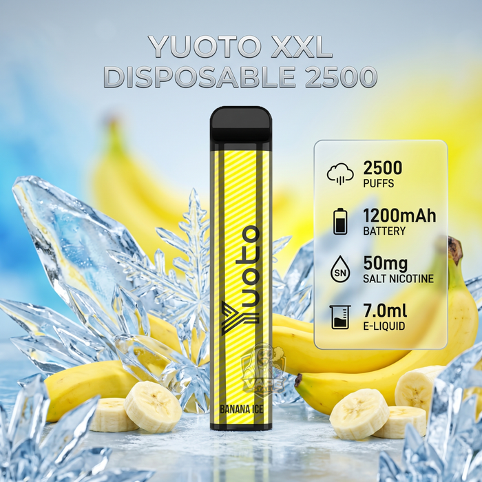 A Yuoto XXL disposable vape device in banana oil flavor, displayed on a reflective ice surface with sliced bananas and ice crystals. The background is a soft blue and yellow gradient with text detailing the product specifications: 2500 puffs, 1200mAh battery, 50mg salt nicotine, and 7.