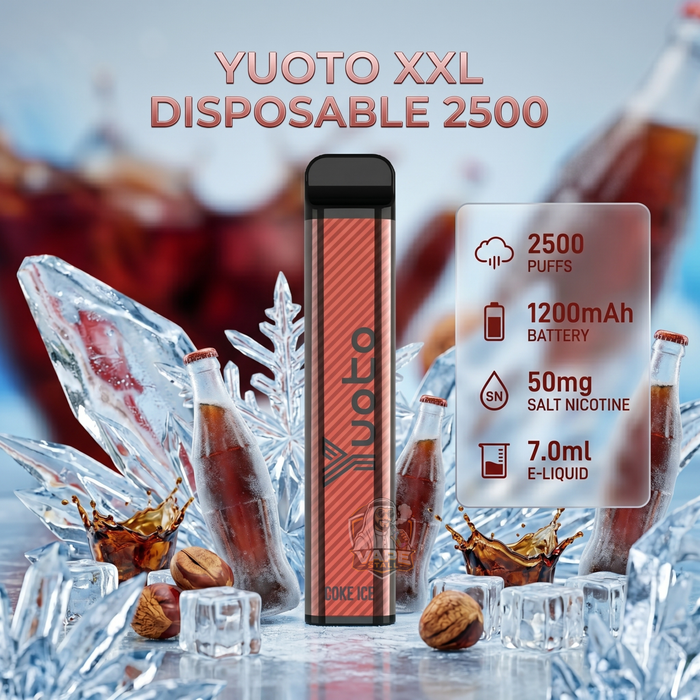 A Yuoto XXL disposable vape device with a red and black striped body stands in the center, surrounded by ice cubes, liquid bottles, and walnut pieces. Text overlays highlight the product's specifications: 2500 puffs, 1200mAh battery, 50mg salt nicotine, and 7.