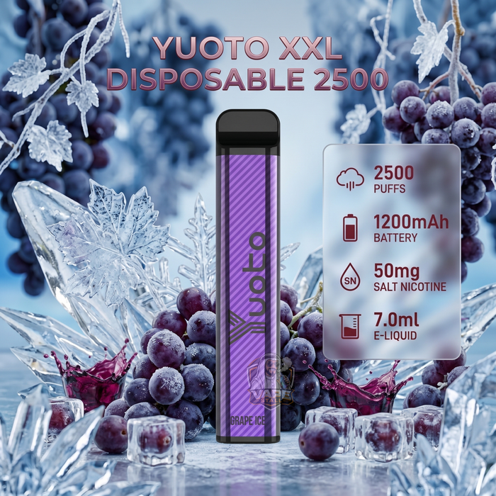 A disposable vape device labeled 'YUOTO XXL DISPOSABLE 2500' stands upright on a reflective icy surface with frozen grapes, ice crystals, and a feature panel showing 2500 puffs, 1200mAh battery, 50mg salt nicotine, and 7.0ml e-liquid.
